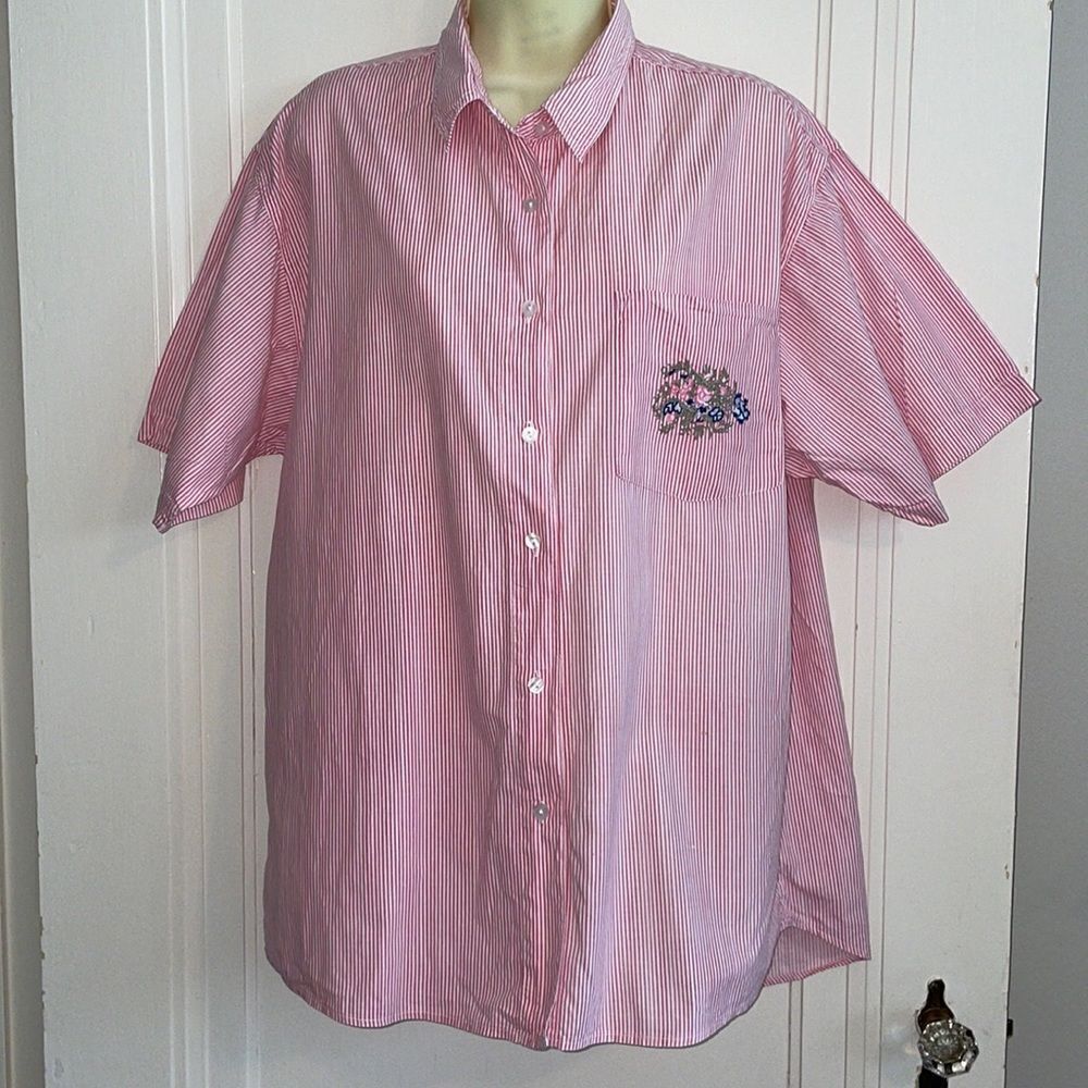 Vtg‎ 80s/90s Hunters Run pink & white striped shirt with floral embroidery
